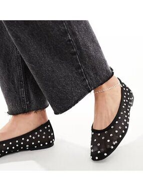 MNG Mango Black Mesh Rhinestone Ballet Flats Crystal Embellished Sheer Slip On 9